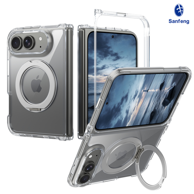 High-End PC TPU Hybrid Smartphone Case for iPhone 18 Fold Custom Shockproof Clear Magnetic Mobile Phone Case with Rotating Stand