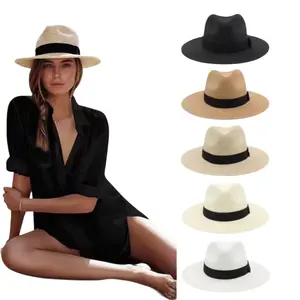 wholesale custom most popular straw summer beach unisex women men lady panama fedora paper sun black weaving grass belt bulk hat