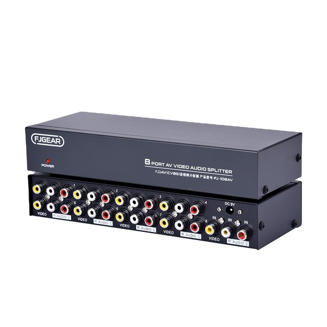 FJ-108AV Fjgear 8 WAY VIDEO AUDIO SPLITTER 1 in 8 Out Plug and Play Bandwidth 250mhz with Iron Shell Two Way Switch