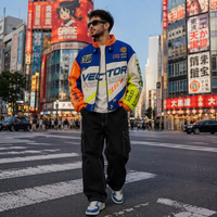 Jaket Balap Pria Warna-Blok Cetak Vektor Horizon Custom OEM Berkualitas Tinggi Streetwear Kerah Tegak Logo Depan Kasual