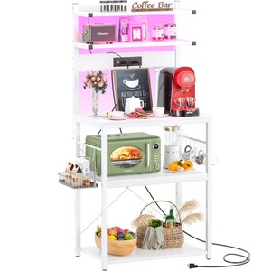 Étagère de cuisine moderne en bois blanc Support de <span class=keywords><strong>boulanger</strong></span> avec prises de courant LED Support pour micro-ondes 10 crochets en S - Product Image 2