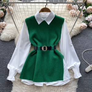 Longue lanterne manches chemise femmes tricoté gilet 2 deux pièces ensemble 2021 printemps automne femmes chemises ensembles <span class=keywords><strong>sans</strong></span> manches <span class=keywords><strong>pull</strong></span> hauts - Product Image 5