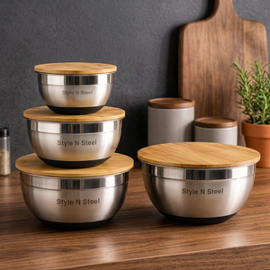 Stainless Steel <b>Mixing</b> Serving <b>Bowl</b> <b>With</b> Bamboo <b>Lid</b> Polished Fruit Salad <b>Bowl</b> for Kitchen Counter - Product Image 6