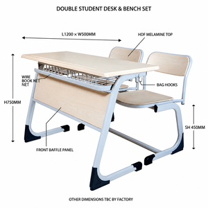 Ensemble pupitre et chaise double pour salle de classe avec crochets robustes pour livres, hauteur d'assise 450 mm, pour projets d'appel d'offres scolaire - Product Image 2