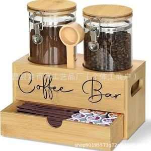Bamboo Coffee Storage <b>Box</b> With <b>Glass</b> Jars And Drawer For Coffee Beans And Pods - Product Image 5