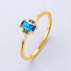 Custom OEM Blue Square Zircon Engagement 18k Gold Plated Fine Jewelry 925 Silver Wedding Luxury Ring For Women