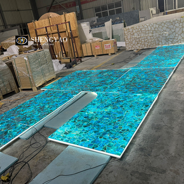 Luxury Polished Translucent Blue Onyx Marble Apatite Backlit Stone Flooring Tiles