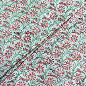 Tela de Algodón Puro Estampada a Mano con Diseño Floral en Verde Menta Claro y Rosa Coral, Estampado Artesanal - Product Image 4