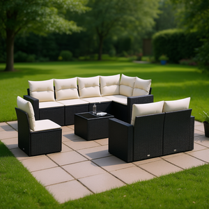 Black And Cream Garden <b>Sofa</b> Set With Cushions 6 Seater Outdoor Furniture <b>Rattan</b> Contemporary Design - Product Image 2