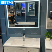 Kabinet Cermin Kamar Mandi LED Gaya Eropa Warna Krem Putih Kabinet Keramik Meja Rias Kamar Mandi Untuk Penggunaan Kamar Mandi