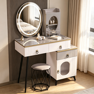 Modern Minimalist Makeup Vanity <b>With</b> Lighted Oval Mirror And Storage <b>Drawers</b> Bedroom <b>Dressing</b> <b>Table</b> <b>With</b> Stool - Product Image 6