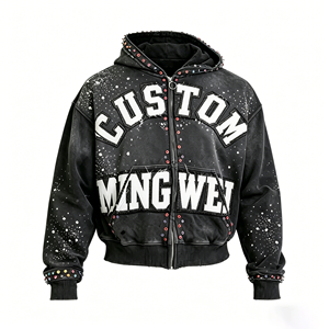 Felpa con cappuccio vintage lavata con borchie e <span class=keywords><strong>schizzi</strong></span> <span class=keywords><strong>di</strong></span> vernice, con zip, taglie forti, con lettere in ciniglia, stile streetwear, all'ingrosso dal produttore - Product Image 4