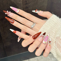 Design # 2927 Faux Ongles Longs de Luxe pour Femmes, Stiletto, Fleurs 3D en Gel, Cerises Mignonnes, à Presser, Faits Main, 10 Pièces, Ongles Français Artificiels