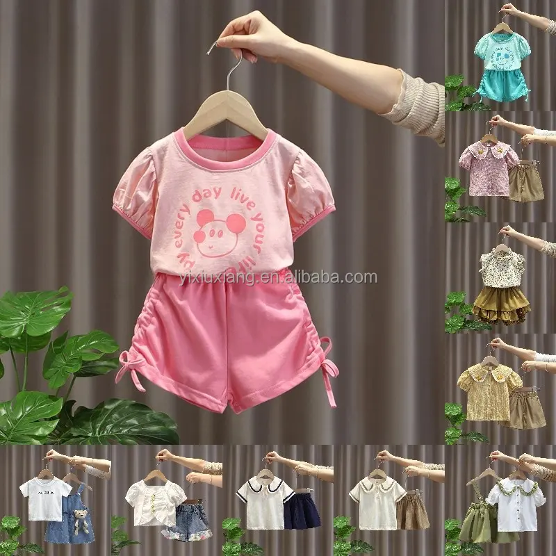 2024 Nuevo diseño de ropa para niños manga corta nueva blusa de verano para mujer + Pantalones conjunto de dos piezas