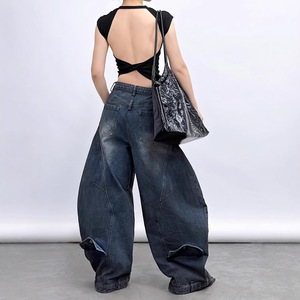 <strong>Women</strong> Asymmetrical Wrap High Waist <strong>Baggy</strong> Wide Leg Jeans Vintage Washed Panel Seam Oversized Y2K Streetwear Denim <strong>Trousers</strong> - Product Image 3