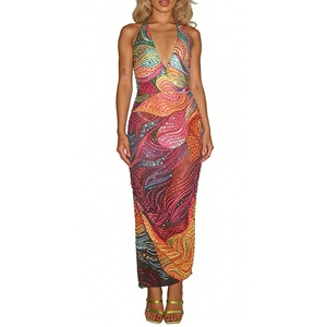 Abito lungo da donna con scollo all'americana e stampa astratta, vestito aderente in rete trasparente per feste ed eventi serali, abiti Sehe Fashion - Product Image 2