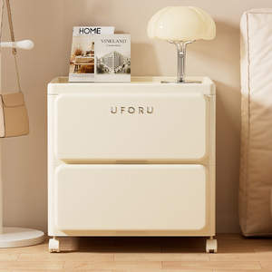 Uforu Plastic Storage Cabinet Creamy White 2 <b>Drawer</b> Movable Bedroom <b>Side</b> <b>Table</b> With Wheels - Product Image 2