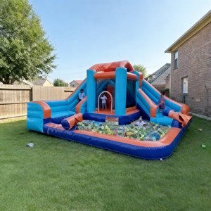 Combo gonflable géant bleu et orange avec double toboggan et piscine <span class=keywords><strong>à</strong></span> balles, directement <span class=keywords><strong>du</strong></span> fabricant, durable et sûr - Product Image 2