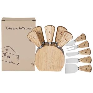 Juego <span class=keywords><strong>de</strong></span> Cuchillos para Queso <span class=keywords><strong>de</strong></span> Madera <span class=keywords><strong>de</strong></span> Caucho con Hojas <span class=keywords><strong>de</strong></span> Acero Inoxidable, Diseño Grabado a Mano, 5 Piezas, Cuchillo y Tenedor para Crema - Product Image 1