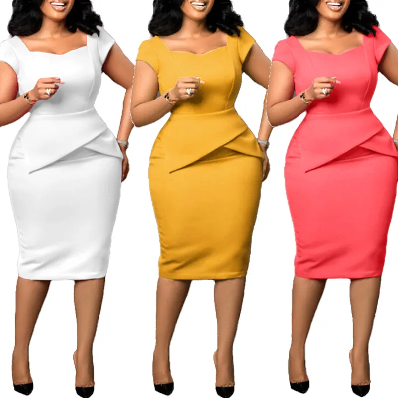 Women Dress 2023 for Church Elegant Ladies Summer Office Wear Casual Dress Bodycon Knee Length Solid Color Peplum Pencil Dresses