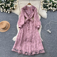 Robe élégante pour femmes WIWT, bleu, dentelle brodée, coupe évasée, col en V, manches longues lanternes, ceinture à nouer, robe midi décontractée pour tous les jours