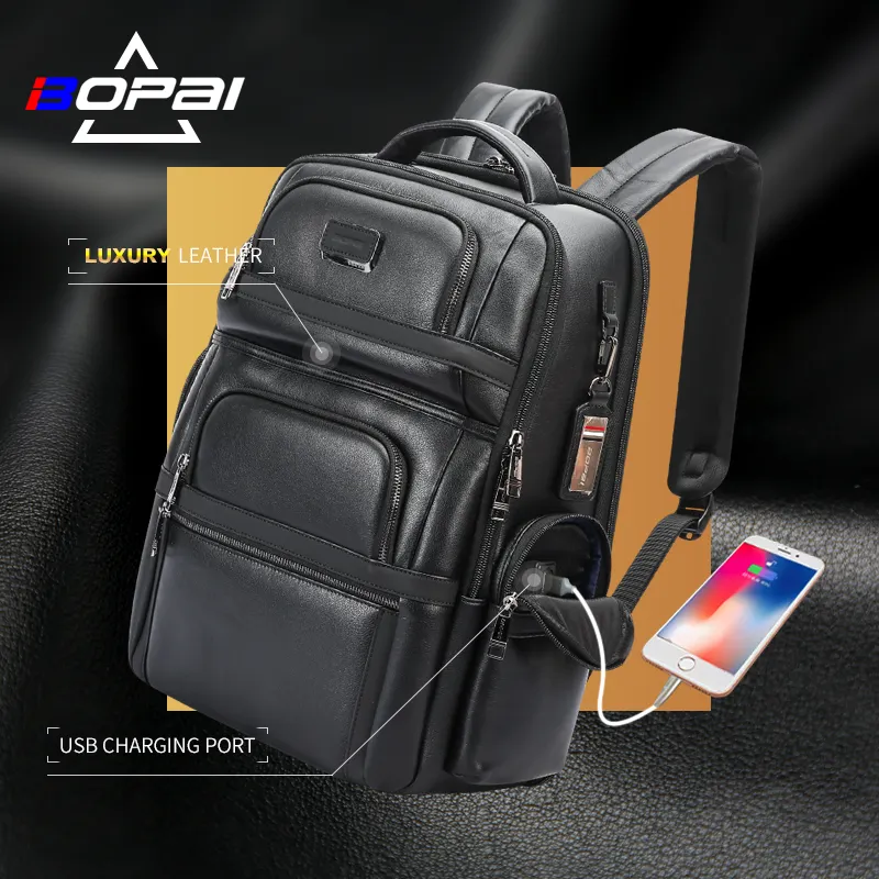 Bopai-mochila BSCI de cuero auténtico para hombre, morral antirrobo de lujo con carga usb, logo personalizado, portátil grande de 15,6 pulgadas, para viaje de negocios