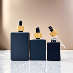 Stock 50ml Square Empty Essential Beard Oil <b>Flat</b> Shoulder Rectangular Frost Black Glass Dropper Bottle with Bamboo Dropper Cap - Product Image 4