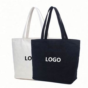 Bolsa de Compras de Algodón Reutilizable Ecológica, Color Beige Crema y Negro, Bolsas de Mano Lisas de Lona con Logotipo para Mujer, Bolsas de Supermercado - Product Image 1