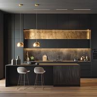 Meubles de cuisine modernes de haute qualité, sur mesure, en bois massif, placage naturel, structure en acier inoxydable avec accessoires d'évier pour villas