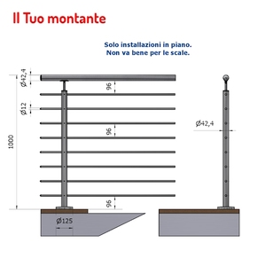 A4-round VERTICAL Ø 42.4 8 TROUS AISI 316 ACIER INOXYDABLE SATINÉ FIXATION HAUTEUR AU SOL 1.00 m Rails en acier inoxydable SKU P110105-8 - Product Image 1