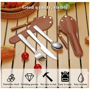 <b>Camping</b> PU leather cutlery bag keychain portable three-piece cutlery <b>storage</b> bag for students and outdoor travel - Product Image 2