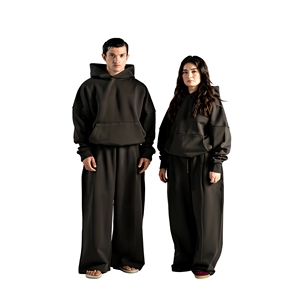 Conjunto Deportivo Unisex con Capucha Negra, Corte Holgado, 100% Algodón, Transpirable, Informal, Otoñal, Color Sólido, con Bolsillos Laterales - Product Image 1