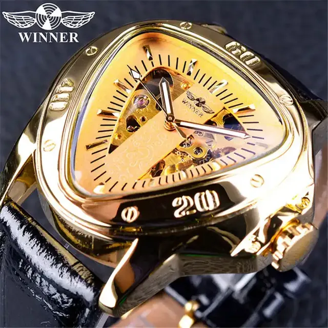 Winner 052G Triangle Skeleton Watch Men Automatic Mechanical Leather Strap Luminous Hands Fashion Luxury Design Wristwatch