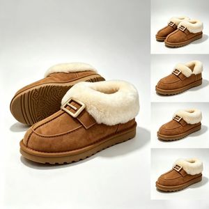 Bottes de neige pour femmes, bottes d'hiver en peau de mouton, à enfiler, doublées de peluche, bout fermé, semelle en caoutchouc antidérapante, chaussures plates de couleur unie - Product Image 1