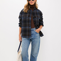 Nouvelle Veste Shacket Réversible à Carreaux Bleu Marine pour Femme, Col Pointu, Boutons sur le Devant, Poches à Rabat – Vente en Gros