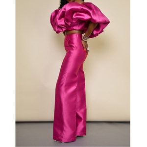 Women's Pleated Ruffled Short-Sleeve <b>Top</b> and Long Pants Satin Solid Color 2-Piece Set Fashion - Product Image 3