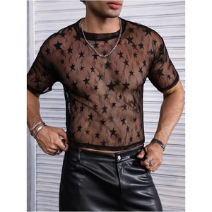 เสื้อยืดตาข่ายโปร่งใสทรงสตาร์สำหรับผู้ชาย FOXA คอกลม แขนสั้น ระบายอากาศได้ดี เหมาะสำหรับงานปาร์ตี้ - Product Image 4