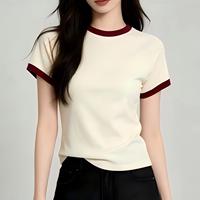 Camiseta Corta de Verano para Mujer RUICHI, 230GSM, Estilo Y2K, Cuello Redondo, Corte Ajustado, Cuello y Puños en Color Contrastante, Manga Corta