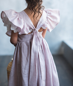 Vestido <span class=keywords><strong>de</strong></span> Lino Color Mostaza para Niña con Manga con Volantes, Vestido Tipo Pinafore <span class=keywords><strong>de</strong></span> Lino para Niñas, Vestidos <span class=keywords><strong>de</strong></span> Lino y Algodón para Niñas Pequeñas - Product Image 3