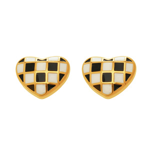 Boucles d'oreilles pendantes Mili pour femme, motif cœur à carreaux noir et blanc, plaqué or 18 carats, tendance, style européen et américain, élégantes et simples, vente en gros - Product Image 5