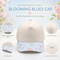 Gorra de Béisbol Snapback Personalizada con Estampado Floral, Visera Plana, Color Azul Claro Crema, Ajustable, Unisex, Estilo Urbano de Verano