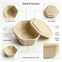 Bol hexagonal jetable en bagasse de canne à sucre avec couvercle, 1000 ml, compostable, biodégradable, en pulpe de papier, pour plats à emporter