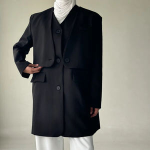 طقم نسائي أسود من قطعتين: سترة محبوكة بدون أكمام وسترة طويلة، ملابس مكتبية عملية ومريحة - Product Image 1