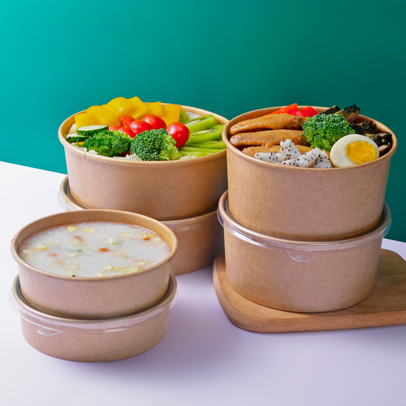 Custom Printing Food Grade Disposable Biodegradable Take-Out Snack Box Kraft Paper Salad Bowl Fruit Paper Plates Bowls Spoon