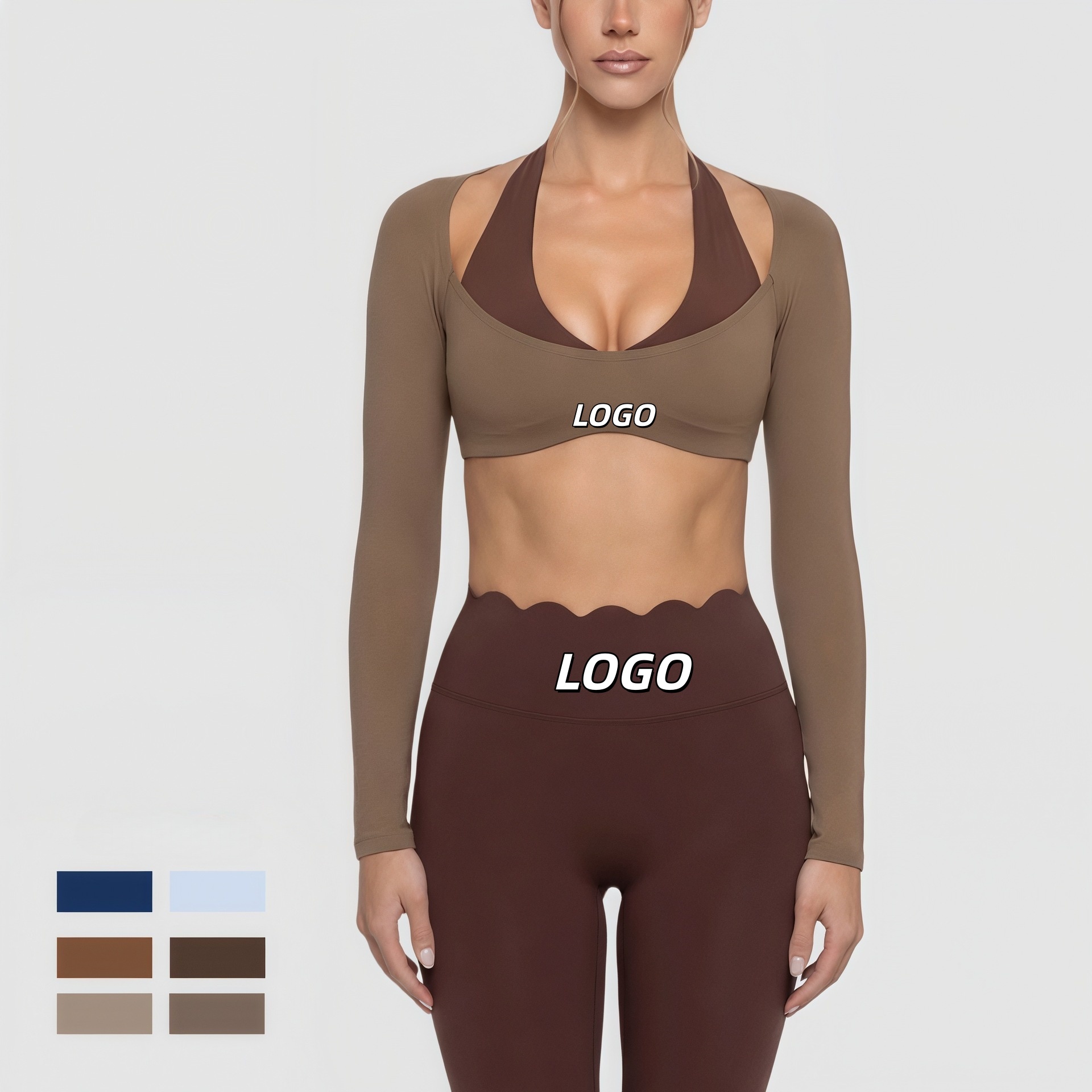 Custom LOGO Flower Edge Gym Fitness Workout Clothes Yoga Set for Women Halter Long Sleeve Outdoor Training Yoga Suit