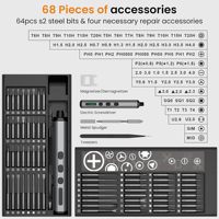 Obeng Elektrik 68-in-1, Obeng Daya Multi-Bit Magnetik 64 Mata untuk Ponsel, Kamera, Laptop, Jam Tangan, Kacamata, dan Lainnya