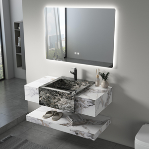 Ensemble de meubles-lavabos de salle de bain mural en pierre frittée haut de gamme personnalisé avec vasque intégrée et miroir LED pour projets hôteliers et d'appartements - Product Image 3