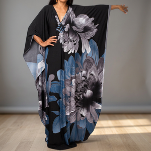 Women's Black Floral Print Breathable Flared Hem Maxi Dubai <b>Abaya</b> V-Neck Long Sleeve Loose Fit Polyester Cotton Modest <b>Summer</b> - Product Image 3