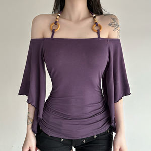 Women Vintage Beaded Halter Strap Off Shoulder T Shirt <b>Batwing</b> Sleeve Slim Fit Sexy Casual Streetwear <b>Top</b> - Product Image 1