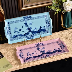 <b>Set</b> Of 2 Blue And Pink Floral Porcelain <b>Serving</b> Trays With Gold Rim For Table Decoration - Product Image 2